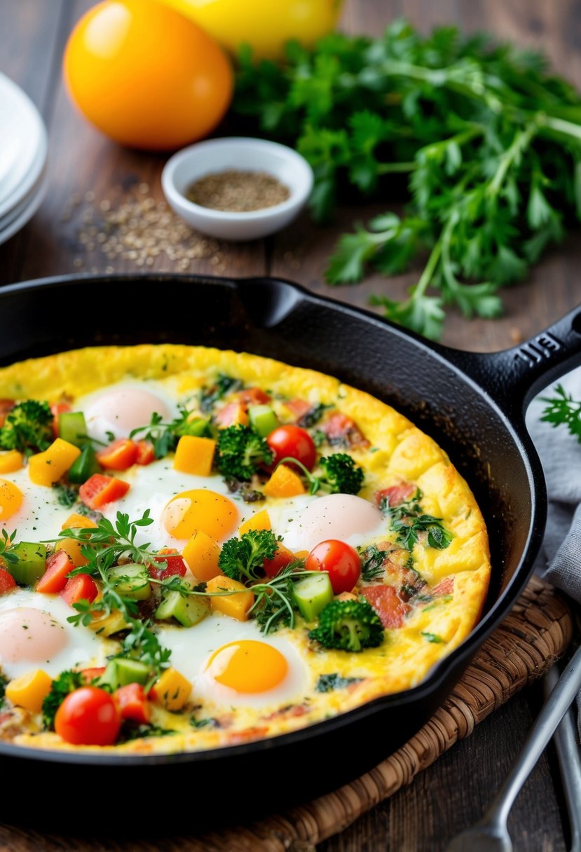 A sizzling frittata cooks in a cast-iron skillet, filled with colorful vegetables and eggs, surrounded by fresh herbs and spices