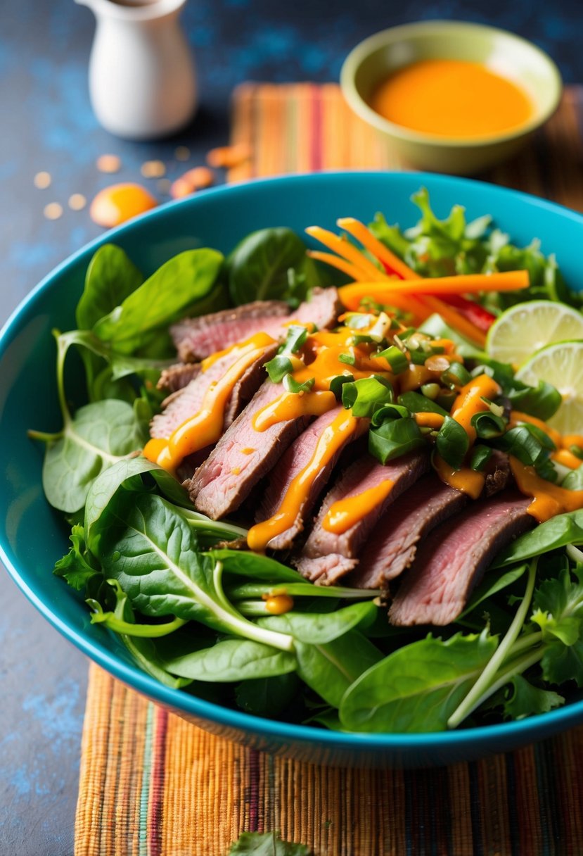 A colorful bowl filled with mixed greens, thinly sliced beef, vibrant vegetables, and a drizzle of spicy Thai dressing