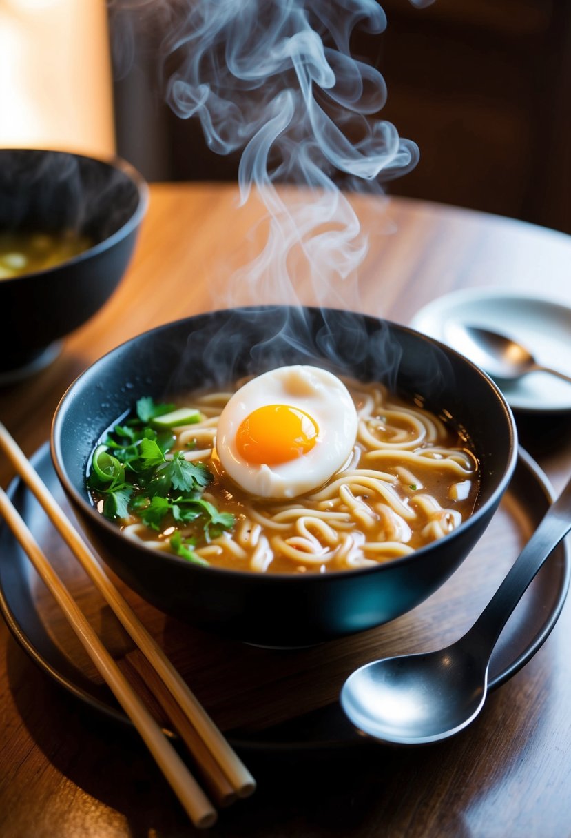 A steaming bowl of ramen with a poached egg on top, surrounded by chopsticks and a spoon, sitting on a wooden table