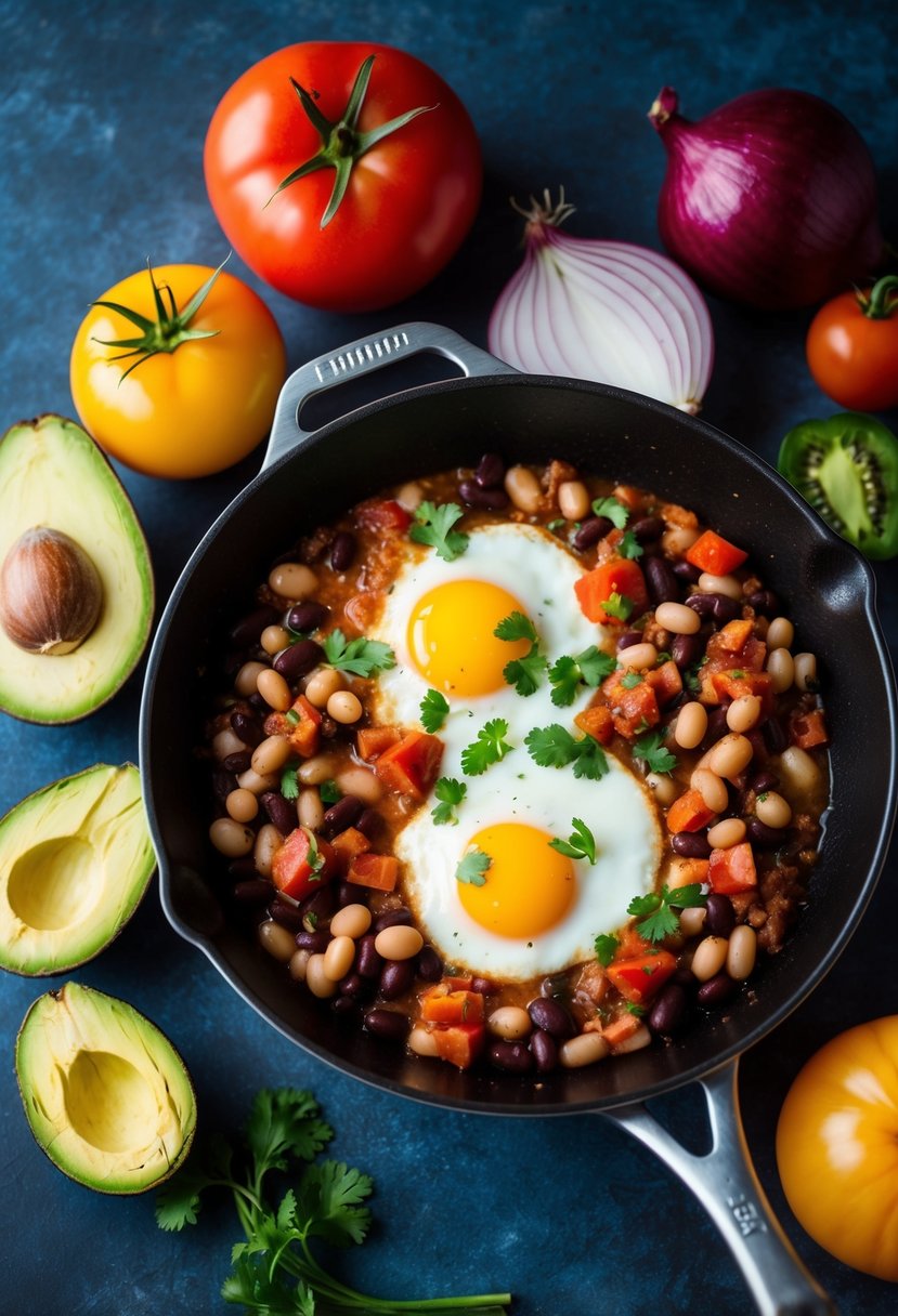 A sizzling skillet with eggs, beans, and salsa, surrounded by colorful ingredients like tomatoes, onions, and avocado