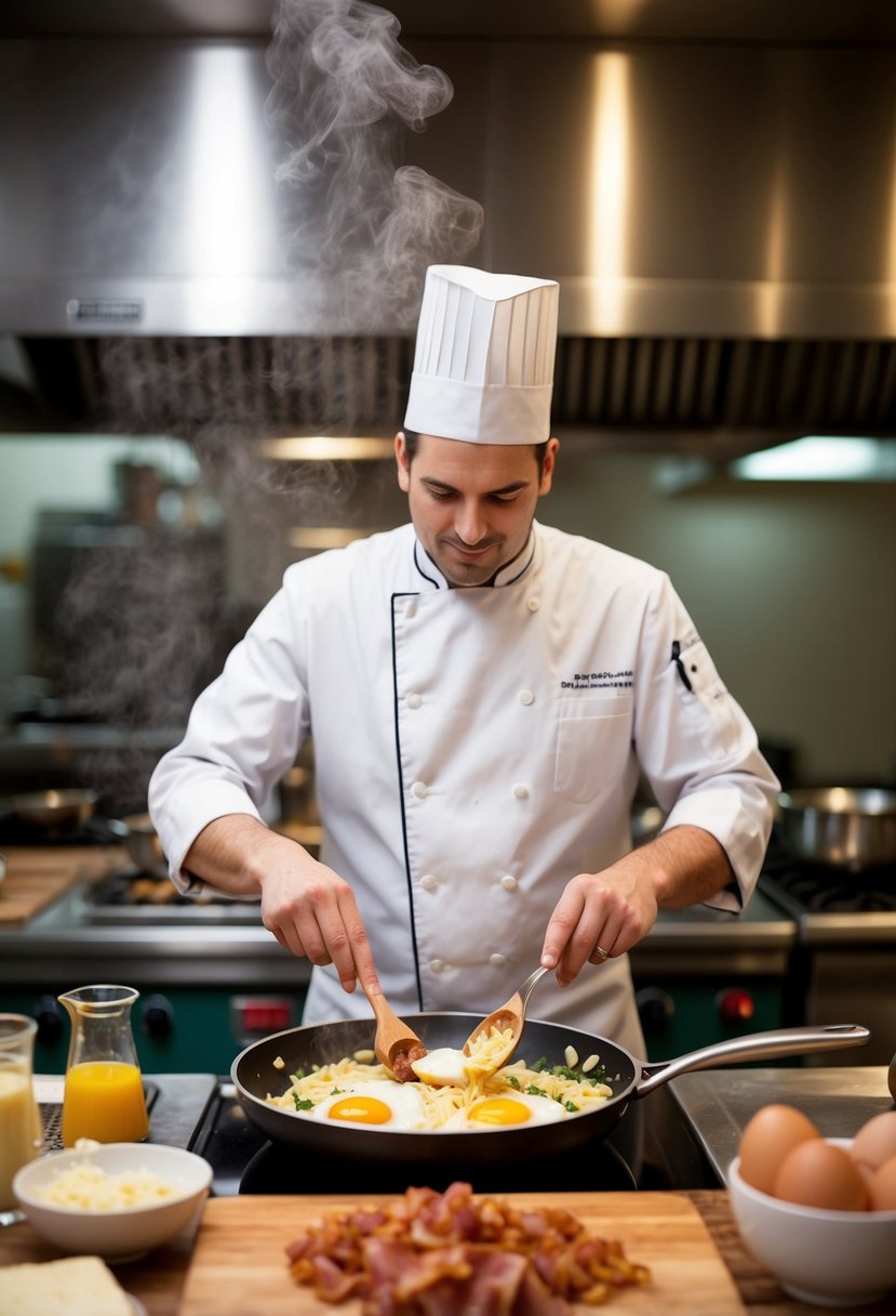 A chef prepares carbonara eggs in a bustling kitchen. Ingredients include eggs, cheese, pancetta, and pasta. Steam rises from the pan