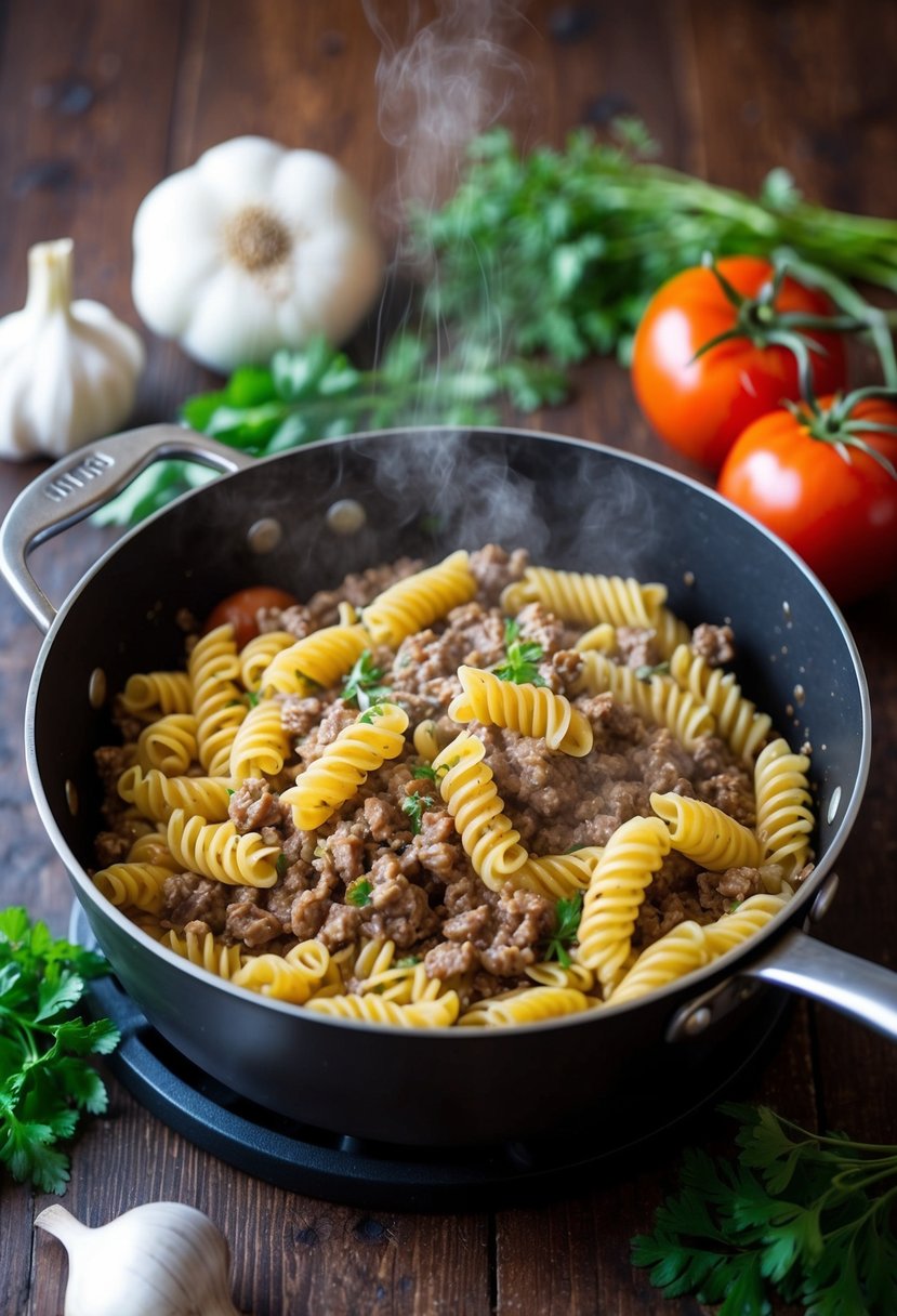 A pot of boiling fusilli pasta and ground beef cooking in a skillet, surrounded by fresh ingredients like tomatoes, garlic, and herbs