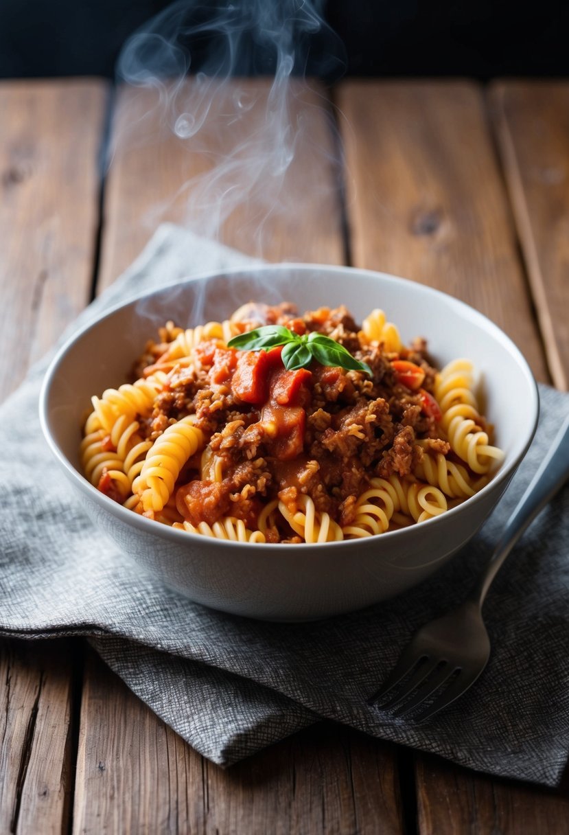 A steaming bowl of classic fusilli bolognese sits on a rustic wooden table, topped with savory ground beef and rich tomato sauce