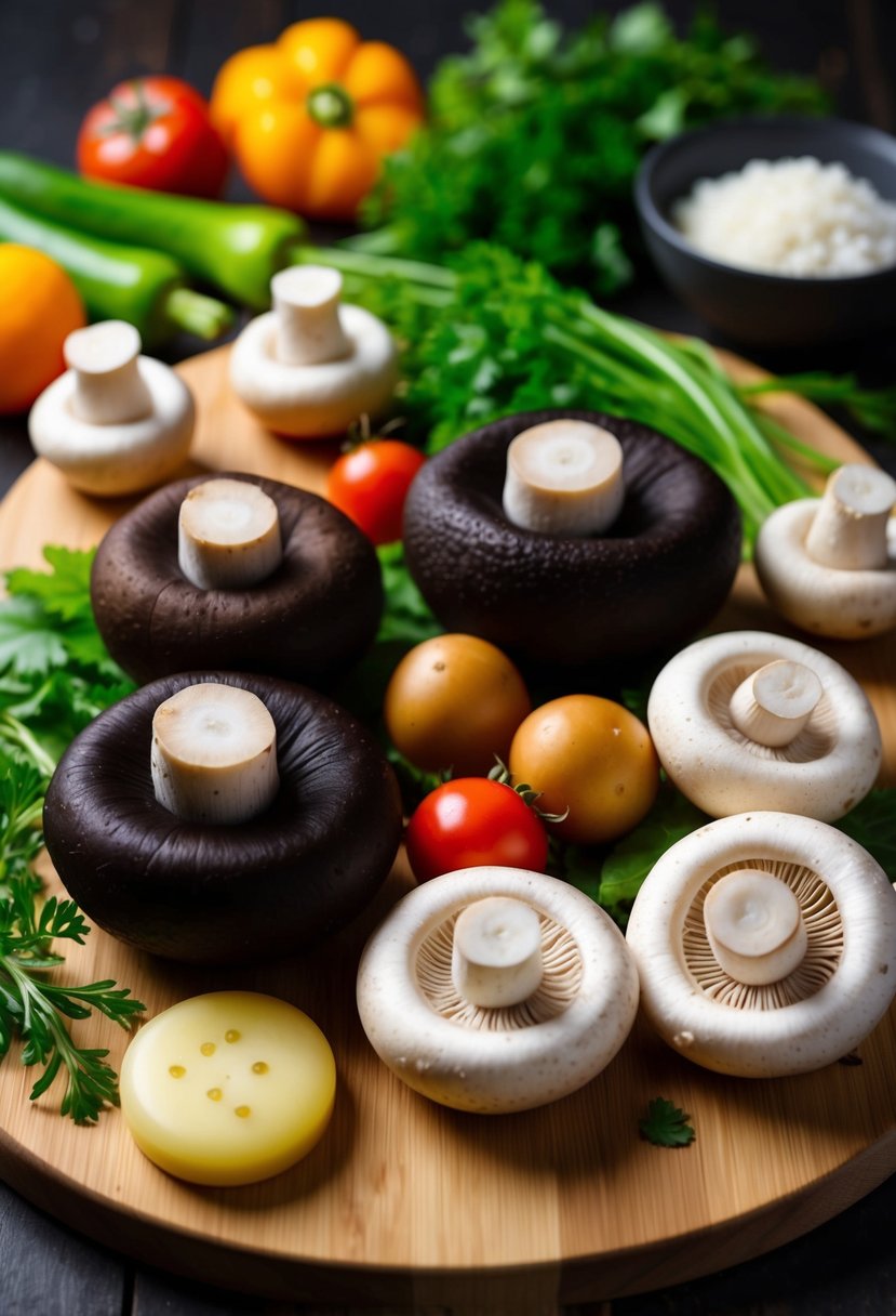 A variety of fresh mushrooms, including shiitake, portobello, and button, arranged on a wooden cutting board with vibrant vegetables and herbs