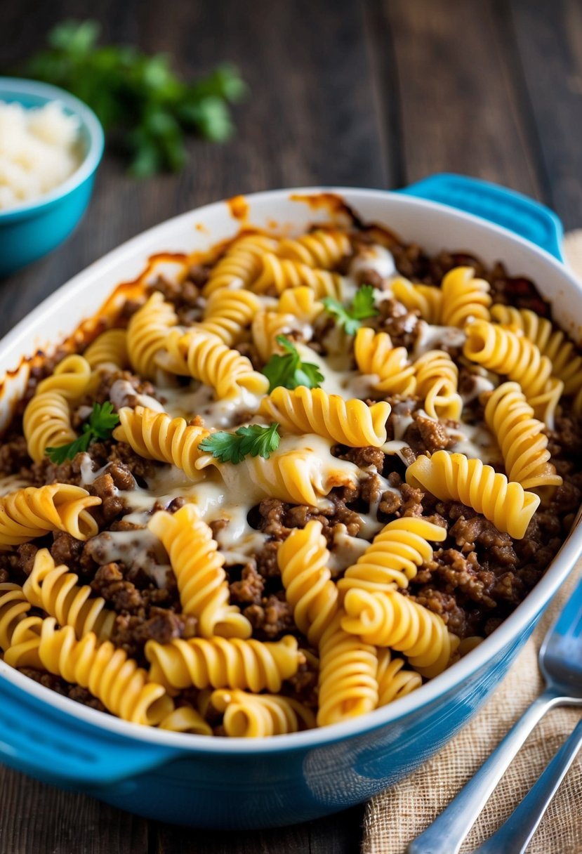 A bubbling casserole dish filled with fusilli pasta, ground beef, and gooey melted cheese on top