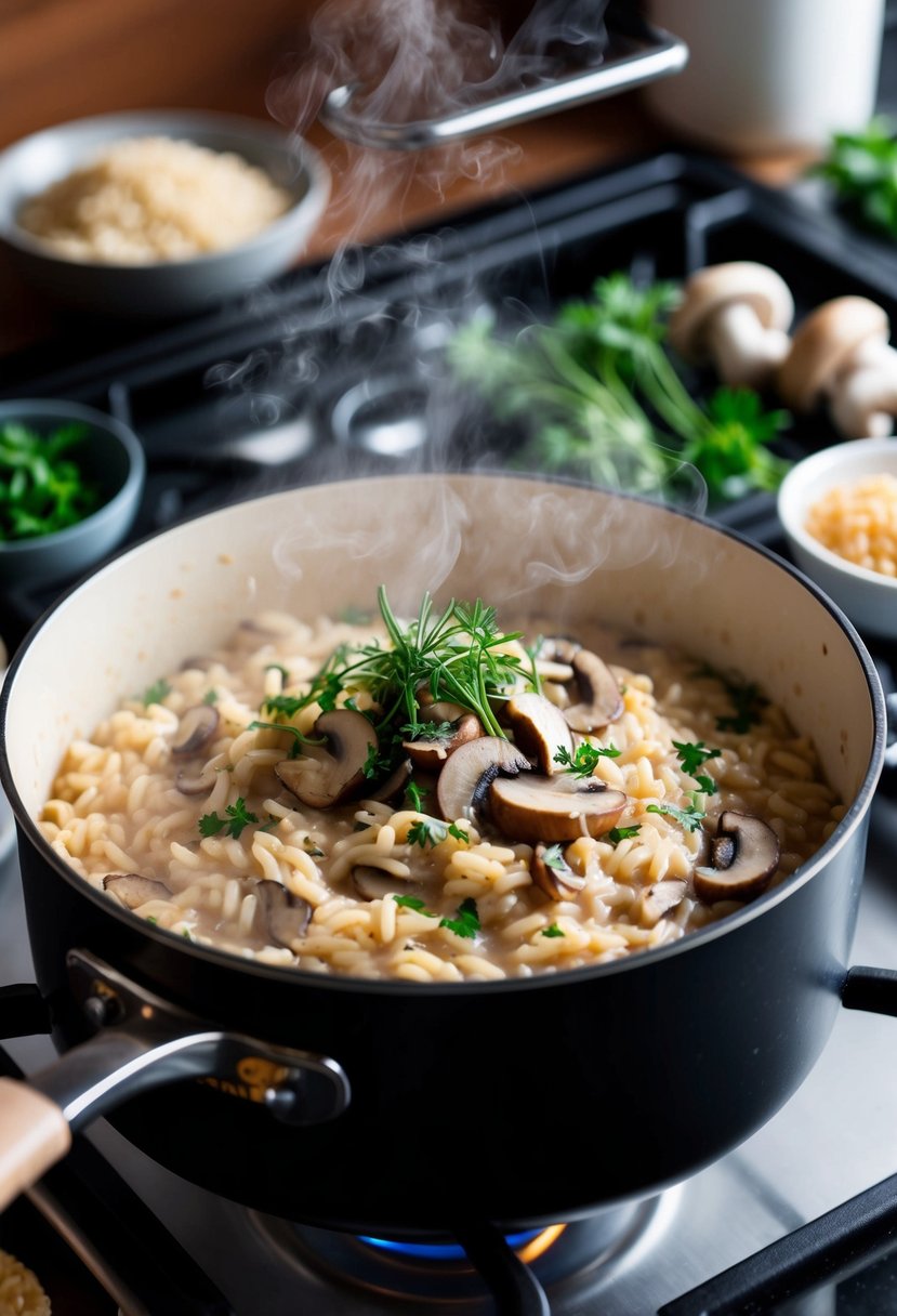 A steaming pot of creamy mushroom risotto simmering on a stove, surrounded by fresh ingredients like mushrooms, arborio rice, and herbs