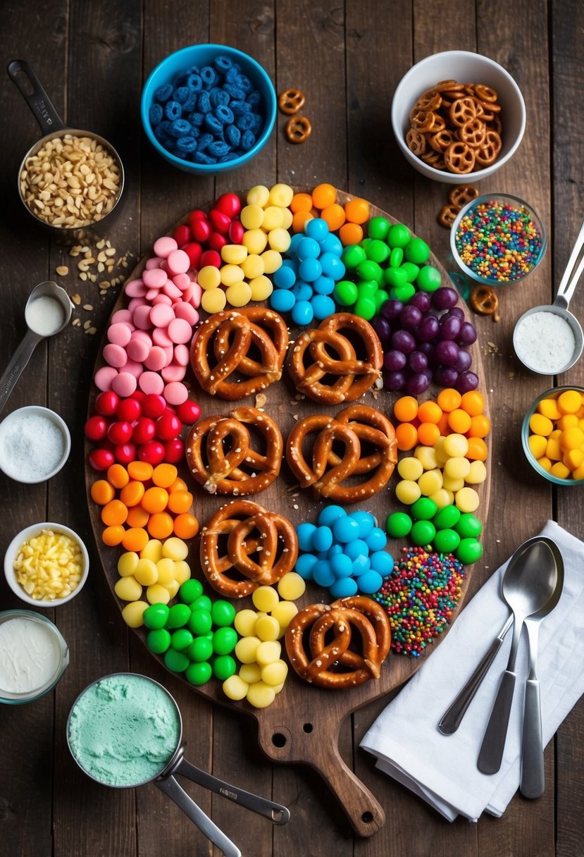 A colorful assortment of pretzel candy recipes arranged on a rustic wooden table with various ingredients and utensils scattered around