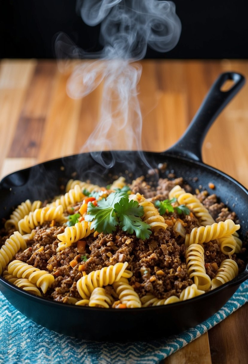 A sizzling skillet filled with fusilli pasta, ground beef, and taco seasoning, steam rising from the dish