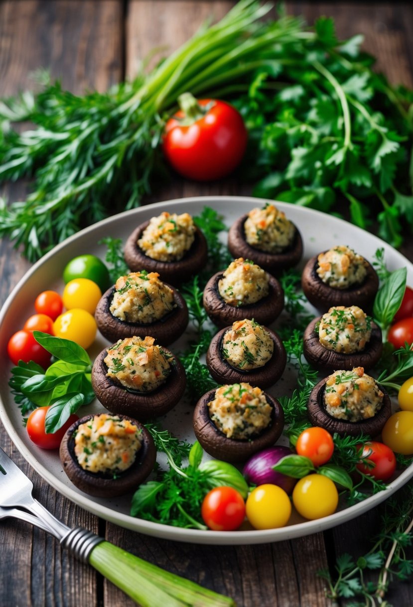 A platter of stuffed Portobello mushrooms surrounded by fresh herbs and colorful vegetables on a rustic wooden table