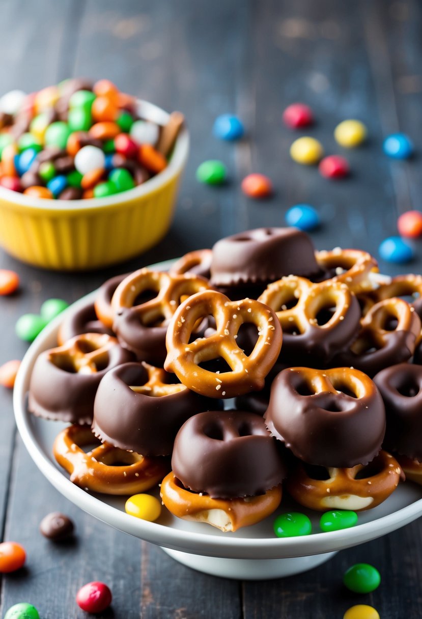 Pretzel bites dipped in chocolate, arranged on a serving platter with scattered candy toppings