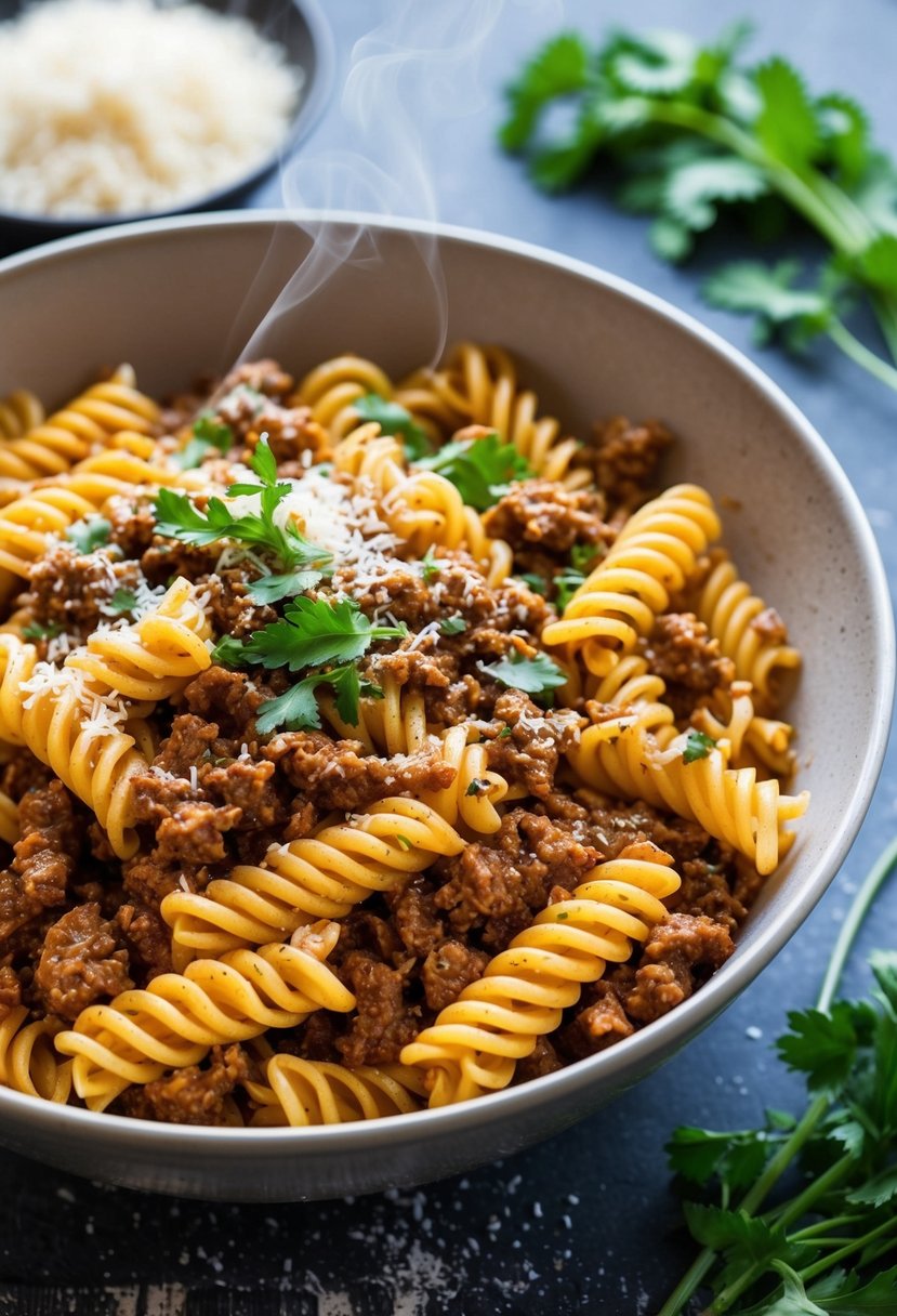 A steaming bowl of spicy chipotle fusilli pasta with ground beef, garnished with fresh herbs and grated cheese