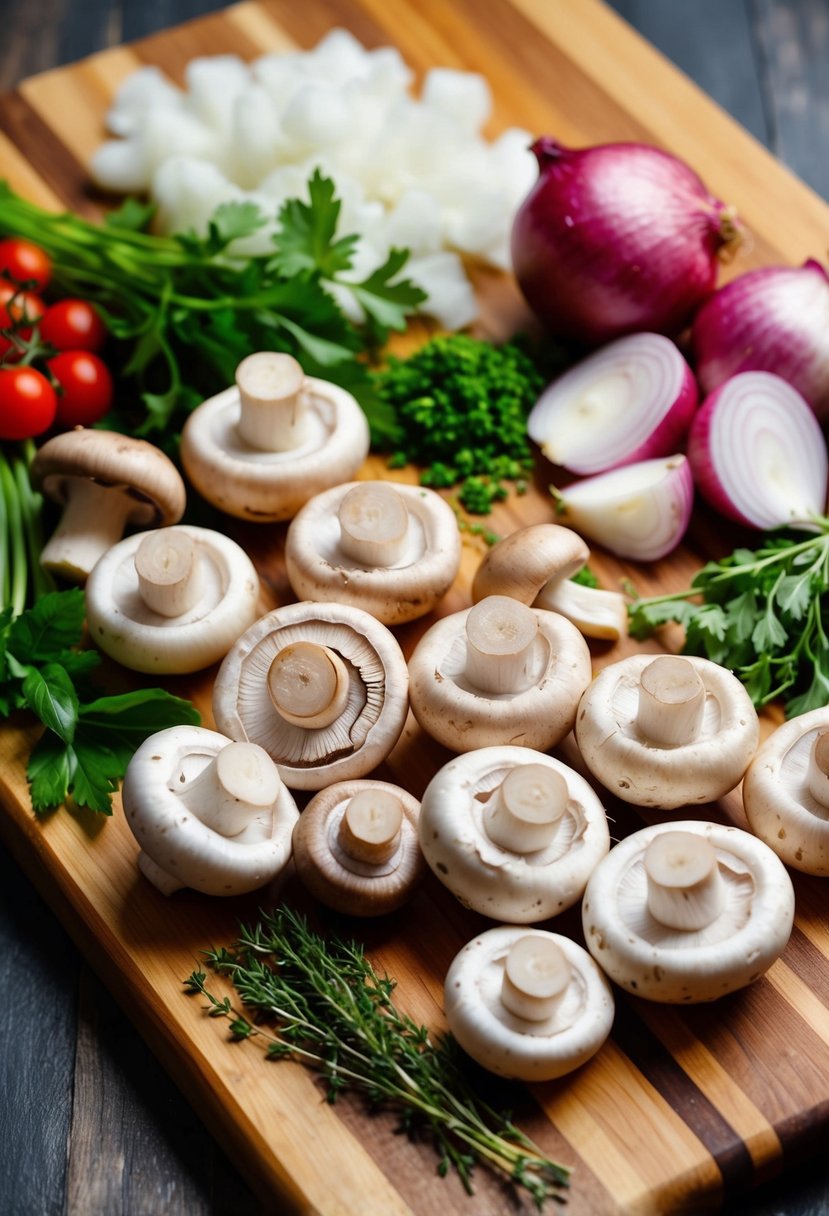 A colorful array of fresh mushrooms, onions, and herbs arranged on a wooden cutting board, ready to be chopped and cooked for a delicious Mushroom Stroganoff dish