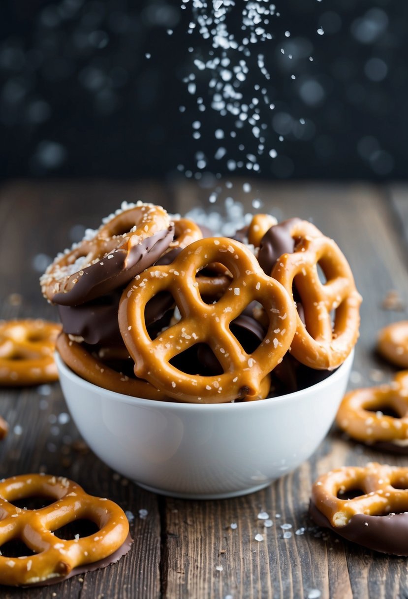 A bowl of pretzels coated in peanut butter and chocolate, with a sprinkle of sea salt on top