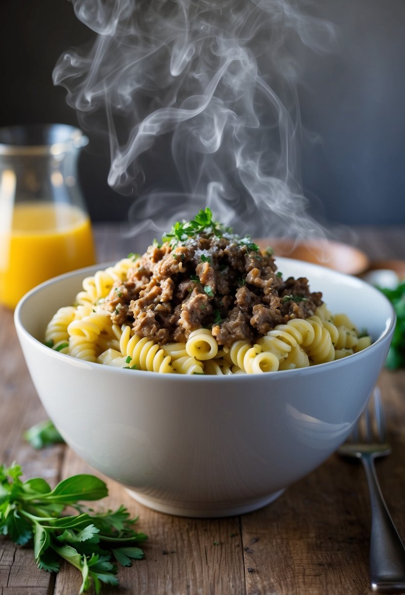 A steaming bowl of creamy Tuscan fusilli topped with savory ground beef and sprinkled with fresh herbs