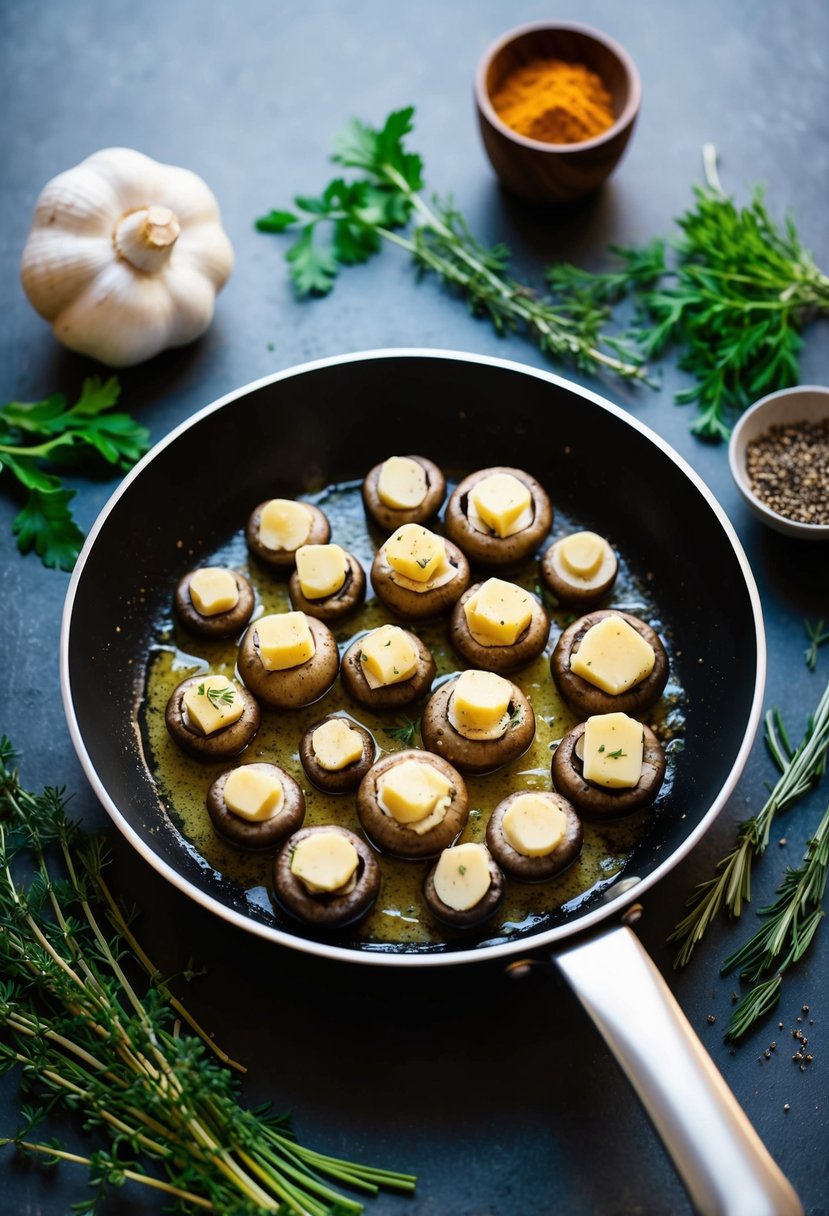 A sizzling pan of garlic butter mushrooms, surrounded by fresh herbs and spices