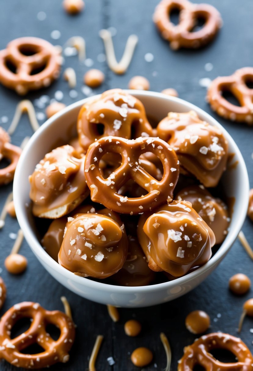 A bowl of pretzel clusters coated in salted caramel, surrounded by scattered pretzels and caramel drizzle