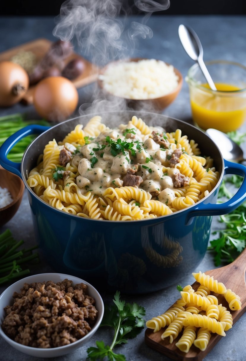 A steaming pot of fusilli pasta mixed with creamy stroganoff sauce and seasoned ground beef, surrounded by fresh ingredients and cooking utensils