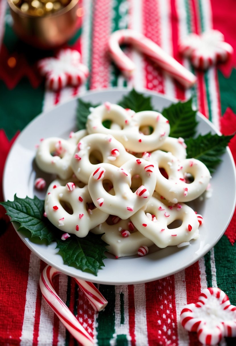 A plate of White Chocolate Peppermint Pretzels surrounded by candy canes and peppermint leaves on a festive tablecloth