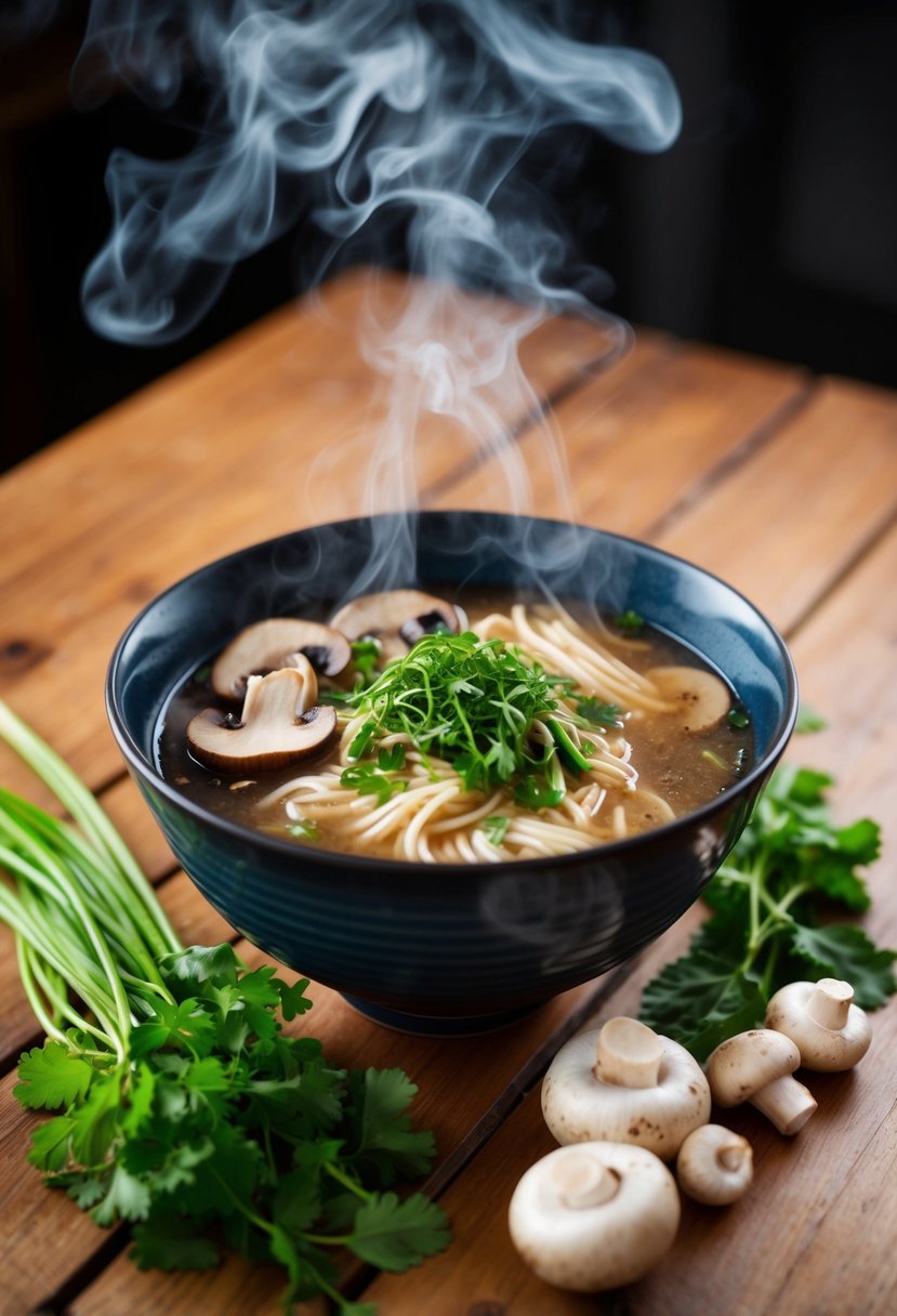 A steaming bowl of miso mushroom ramen surrounded by fresh mushrooms and herbs on a wooden table