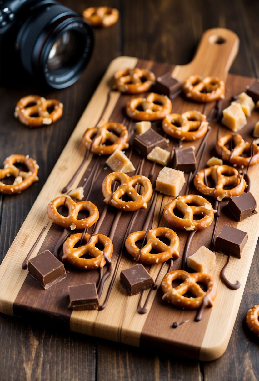 A wooden cutting board with scattered pretzels and toffee pieces. Chocolate drizzled over the top