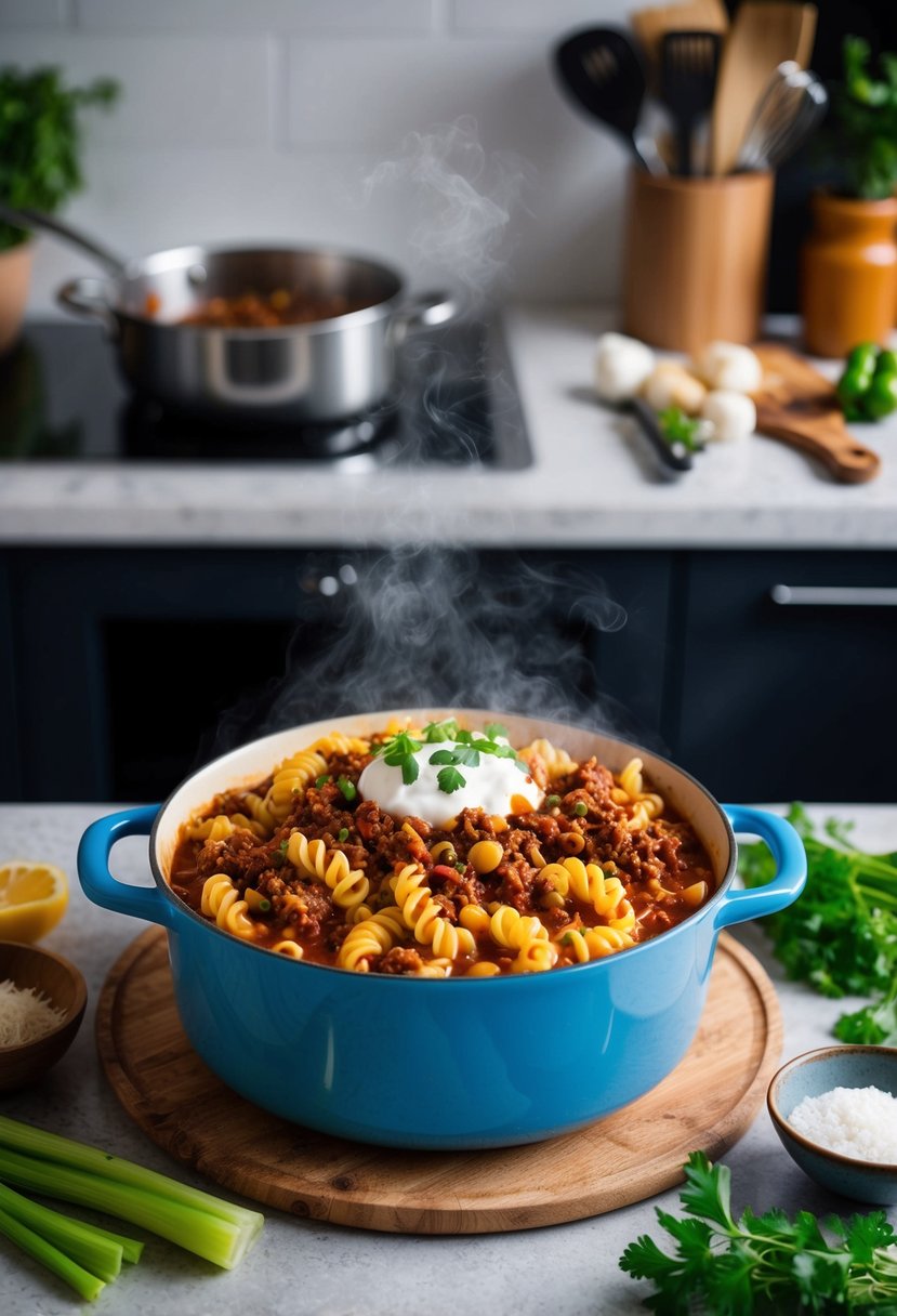 A steaming pot of fusilli chili mac with ground beef, surrounded by fresh ingredients and cooking utensils on a kitchen counter