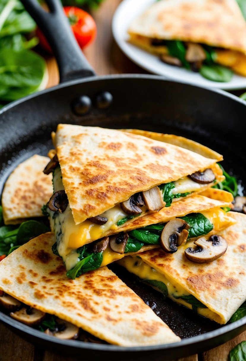 A sizzling skillet holds golden-brown quesadillas filled with sautéed mushrooms, spinach, and gooey cheese, surrounded by vibrant fresh ingredients