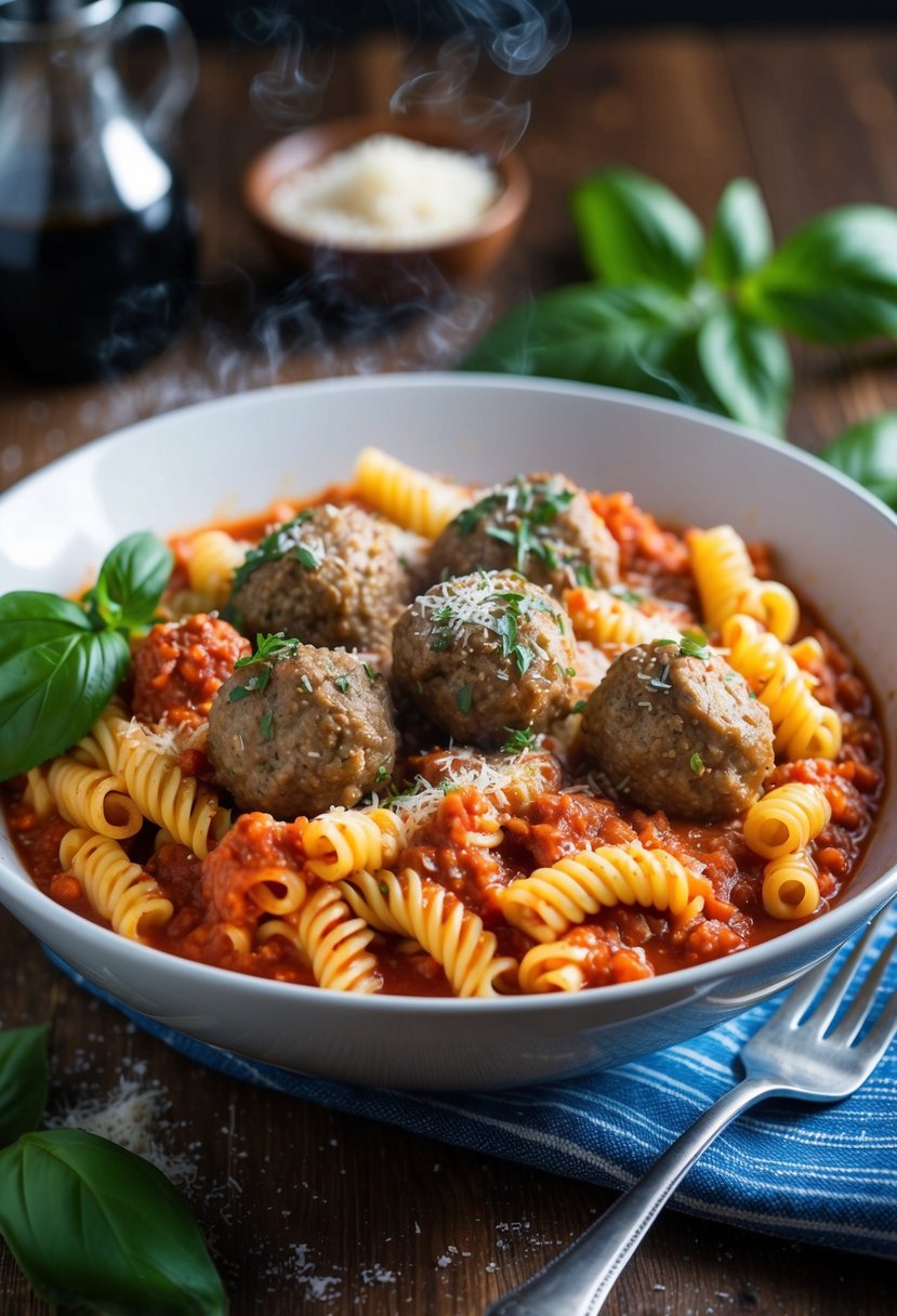 A steaming bowl of herbed fusilli and meatballs in a rich tomato sauce, garnished with fresh basil and grated Parmesan