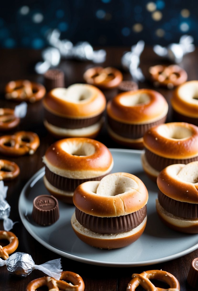 A plate of Rolo Pretzel Sandwiches surrounded by scattered pretzels and unwrapped Rolos