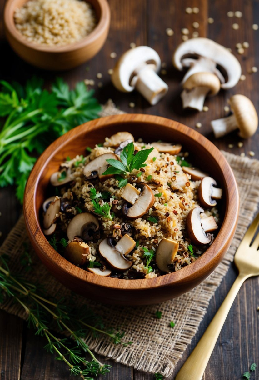 A wooden bowl filled with mushroom quinoa pilaf, surrounded by fresh mushrooms, quinoa grains, and herbs on a rustic table