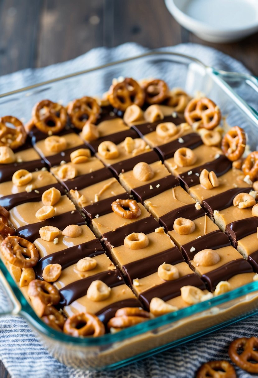 A glass baking dish filled with layers of crushed pretzels, melted chocolate, and creamy peanut butter, ready to be cut into bars