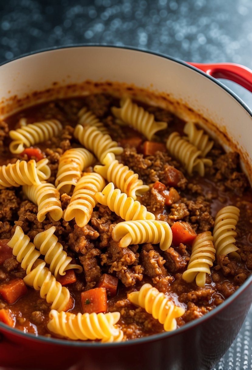 A bubbling pot of fusilli pasta and ground beef simmering in a rich tomato sauce