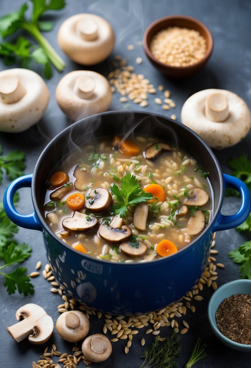 A steaming pot of mushroom and barley soup surrounded by fresh mushrooms, barley grains, and various herbs and spices