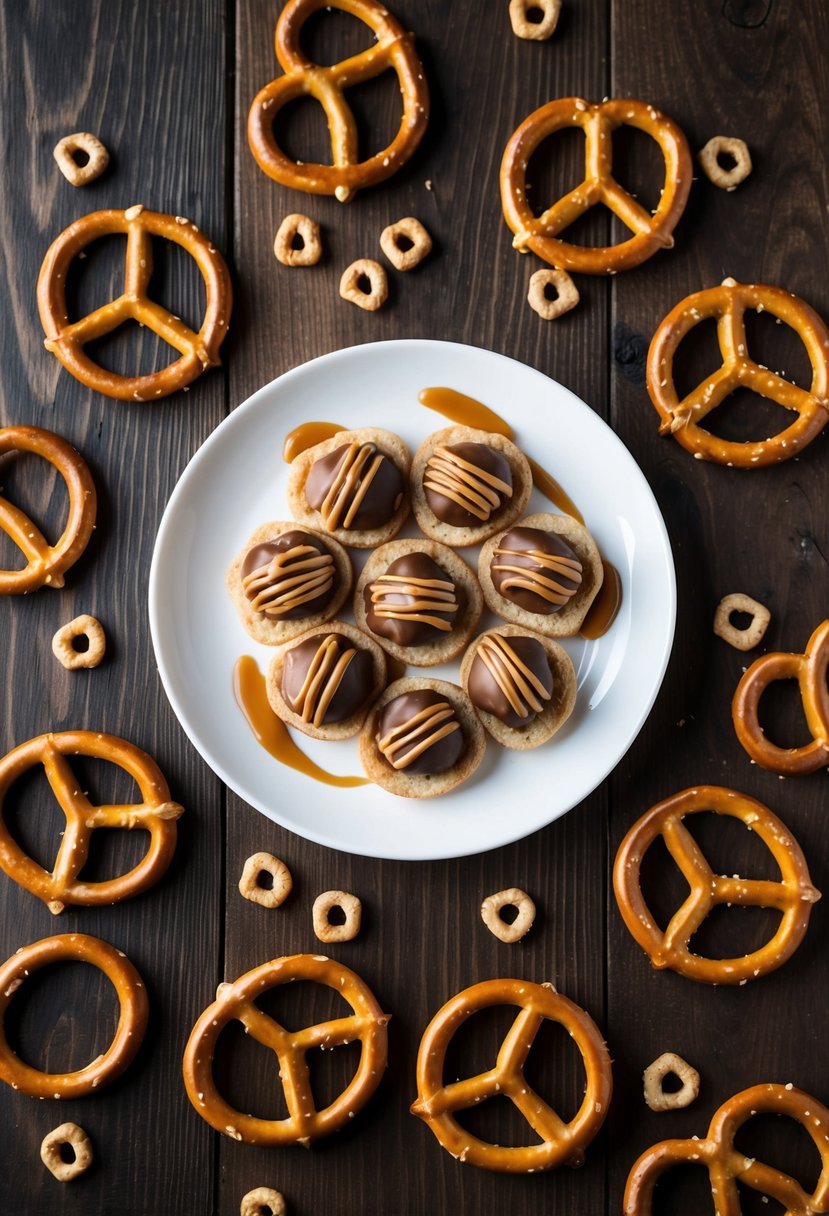 A plate of Pretzel Turtles arranged on a wooden table, surrounded by scattered pretzels and caramel drizzle