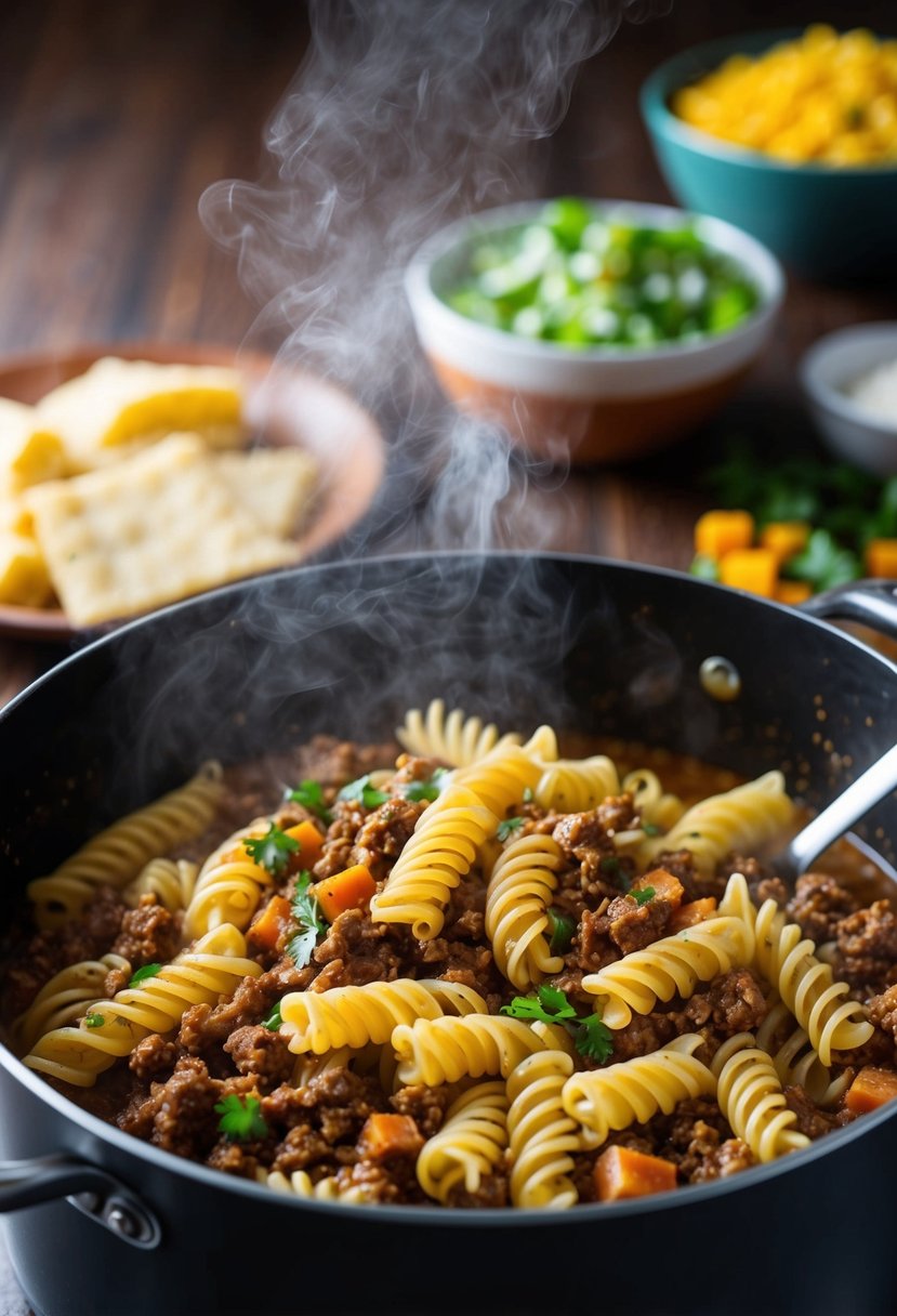 A steaming pot of fusilli pasta simmering with seasoned ground beef and Southwest-inspired ingredients