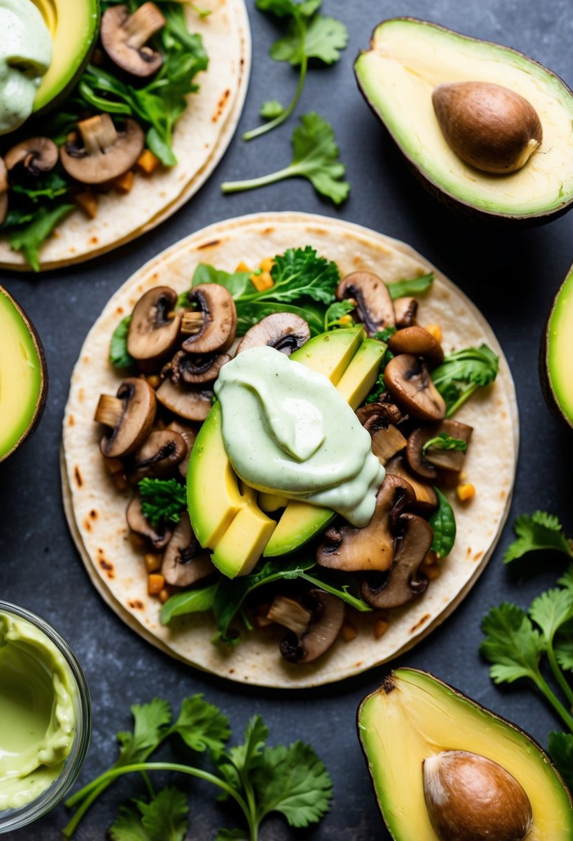 A colorful array of sautéed mushrooms, fresh avocado, and vibrant greens nestled in warm tortillas, topped with a creamy avocado crema