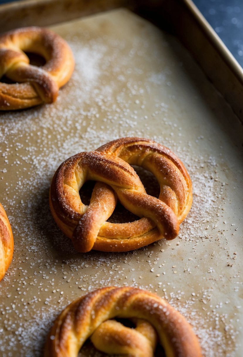 A golden-brown cinnamon sugar pretzel twist surrounded by scattered sugar crystals on a parchment-lined baking sheet