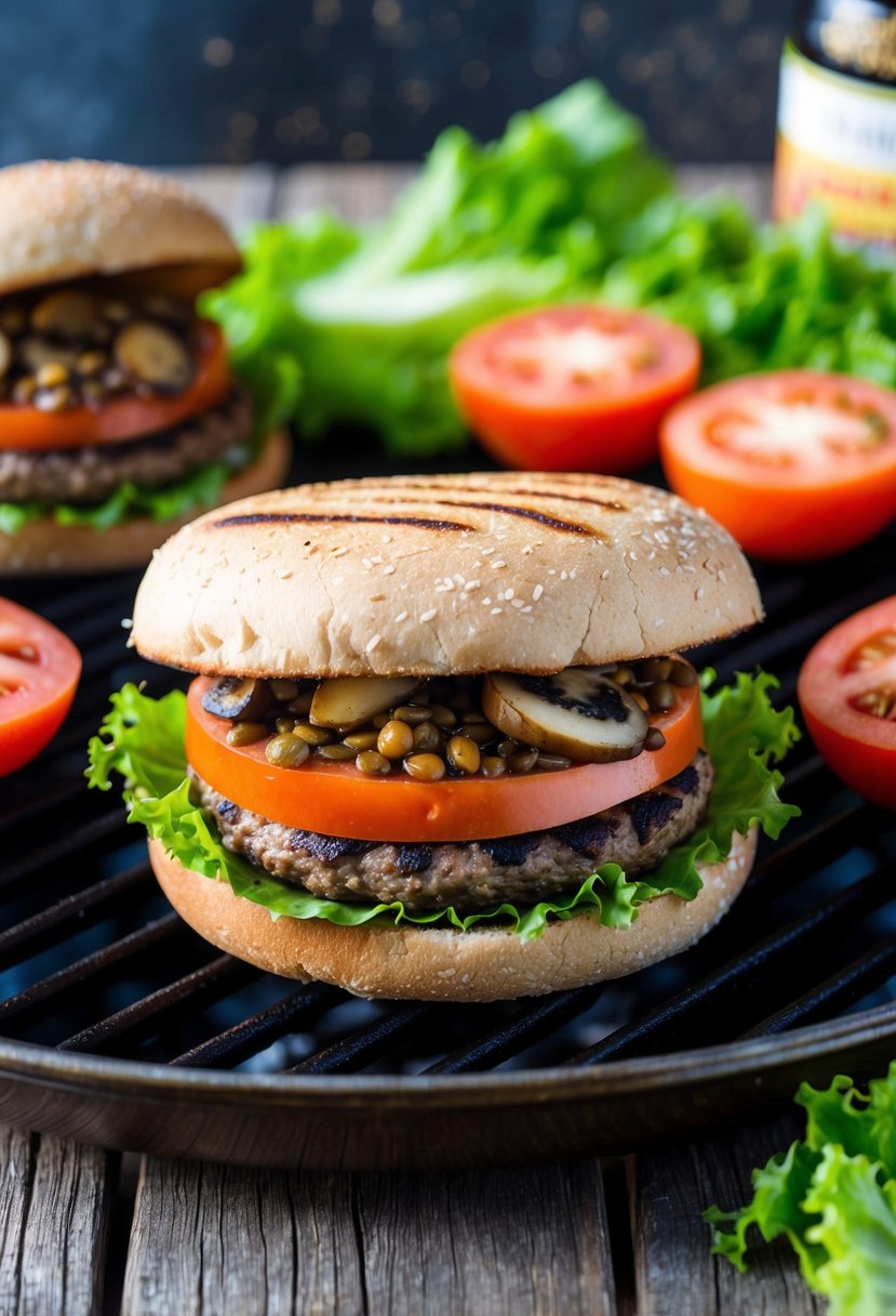 A sizzling mushroom and lentil burger on a grill, surrounded by fresh lettuce, tomato, and whole grain buns