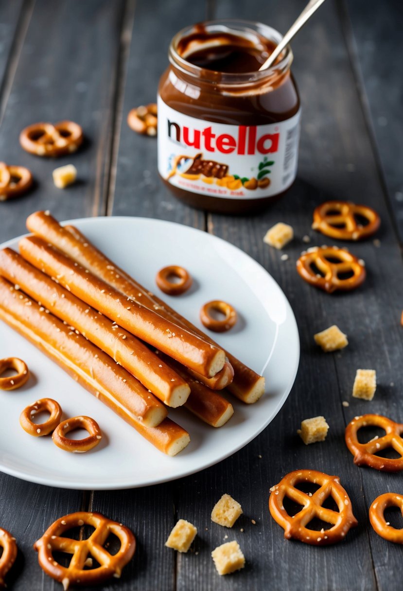 A plate of Nutella Pretzel Sticks surrounded by scattered pretzel pieces and a jar of Nutella