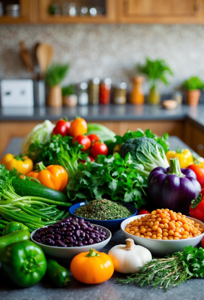 A colorful array of fresh vegetables and beans arranged on a kitchen counter, with a variety of herbs and spices nearby