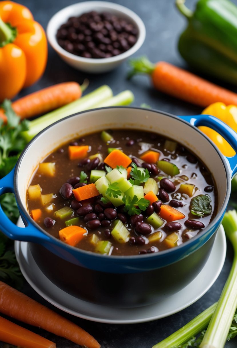 A steaming pot of black bean and veggie soup surrounded by fresh ingredients like carrots, celery, and bell peppers