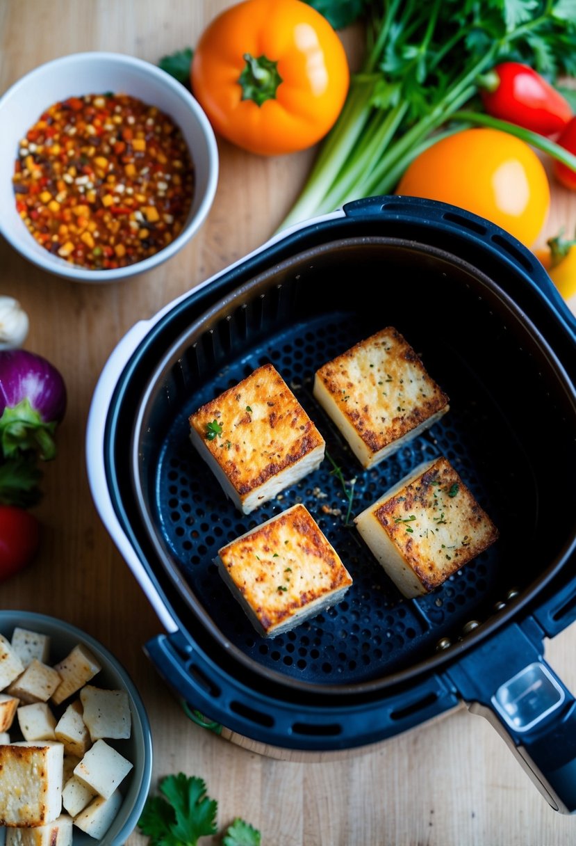 Tofu cubes sizzling in an air fryer, surrounded by colorful vegetables and seasonings