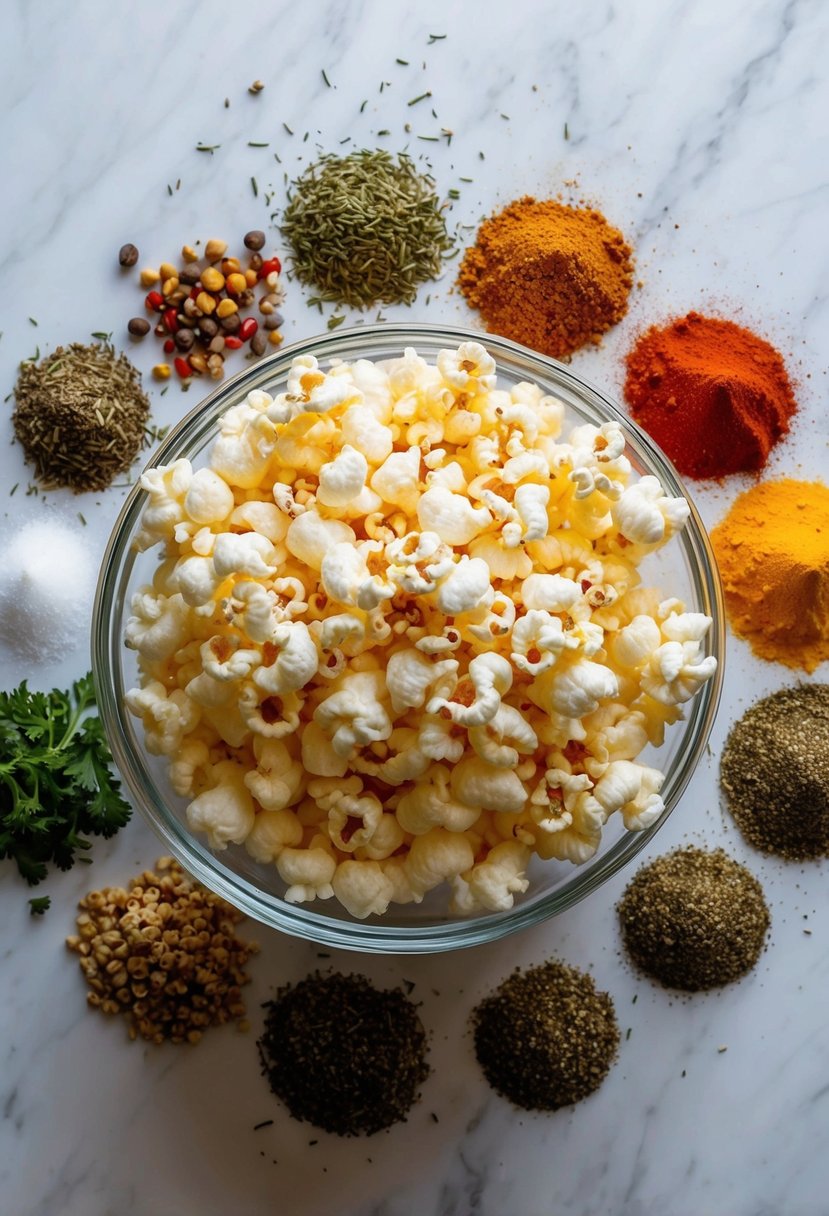 A variety of colorful spices and herbs scattered around a bowl of freshly popped popcorn, ready to be mixed and seasoned