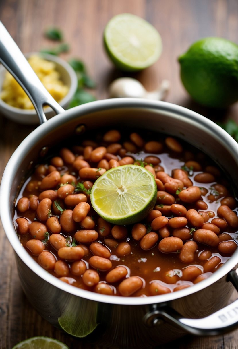 A pot of simmering pinto beans with garlic and lime