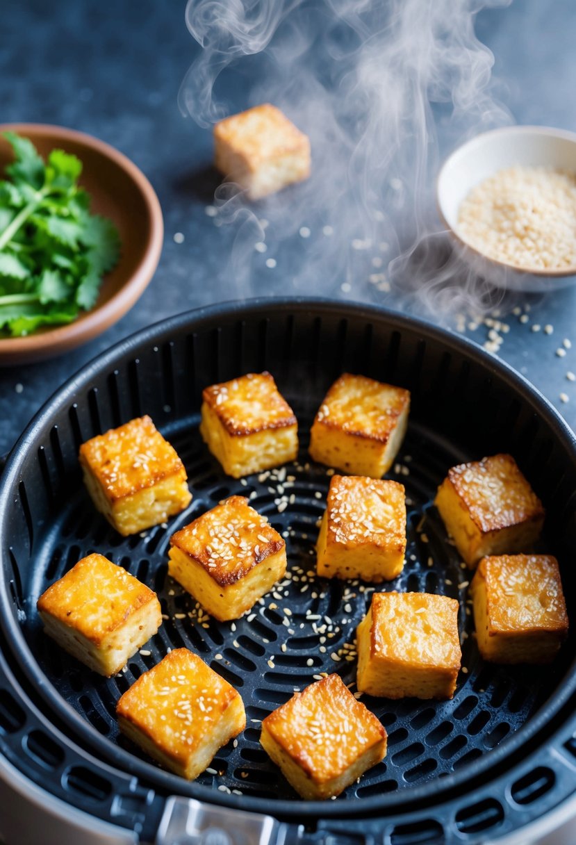 Golden tofu bites sizzling in an air fryer, sprinkled with sesame seeds and surrounded by a halo of steam