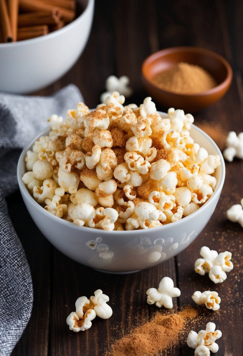 A bowl of freshly popped popcorn sprinkled with cinnamon and coconut sugar seasoning