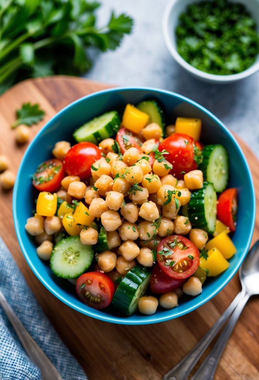 A colorful bowl filled with chickpeas, tomatoes, cucumbers, and bell peppers, all tossed in a zesty vinaigrette, with a sprinkle of fresh herbs on top