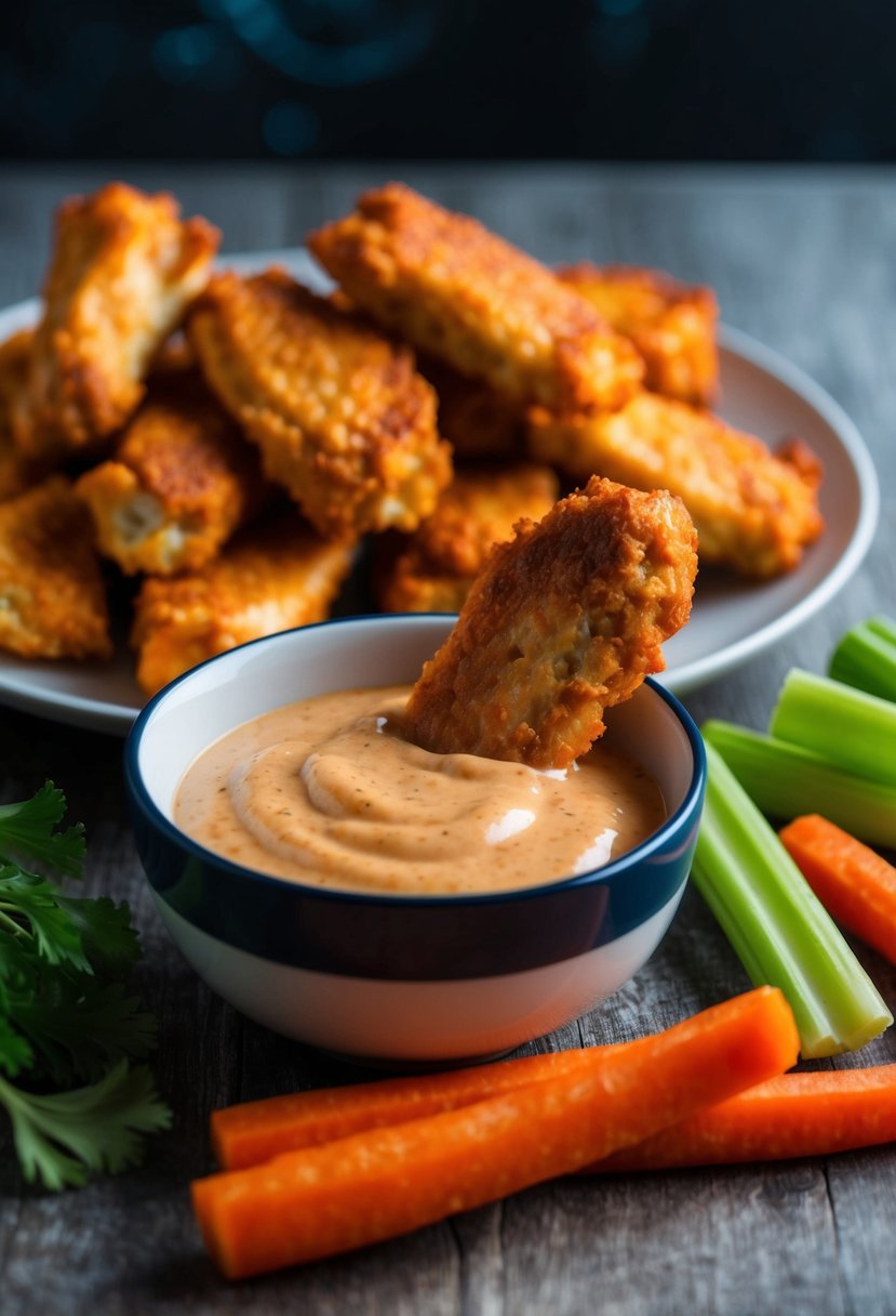 A plate of crispy buffalo tofu wings sits beside a bowl of dipping sauce, surrounded by fresh celery and carrot sticks