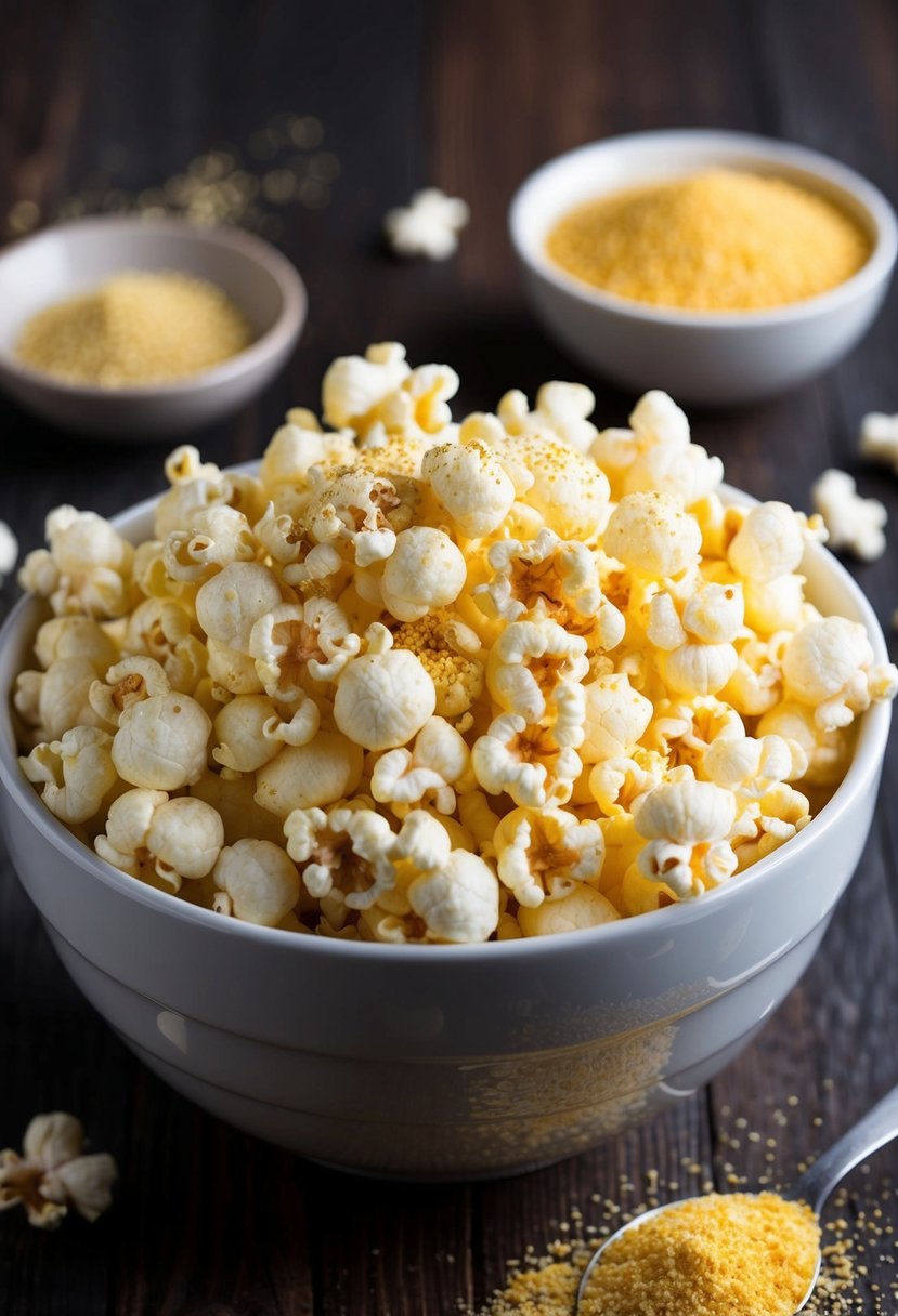 A bowl of freshly popped popcorn sprinkled with nutritional yeast and garlic powder seasoning