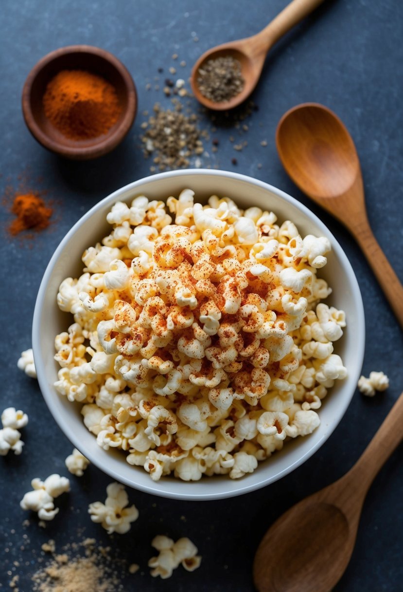 A bowl of popcorn sprinkled with smoked paprika and sea salt, surrounded by loose spices and a wooden spoon