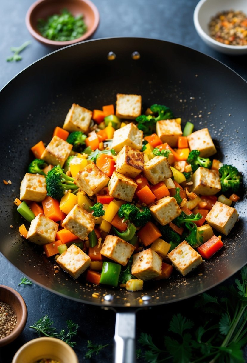 A sizzling wok filled with colorful vegetables and cubes of crispy tofu, surrounded by aromatic spices and herbs